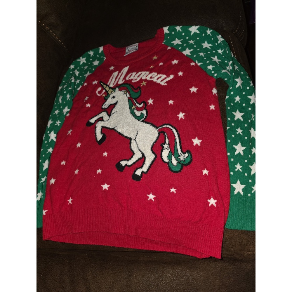 Christmas Sweater well worn holiday sweater magical unicorn‎ size 10 12 kids L